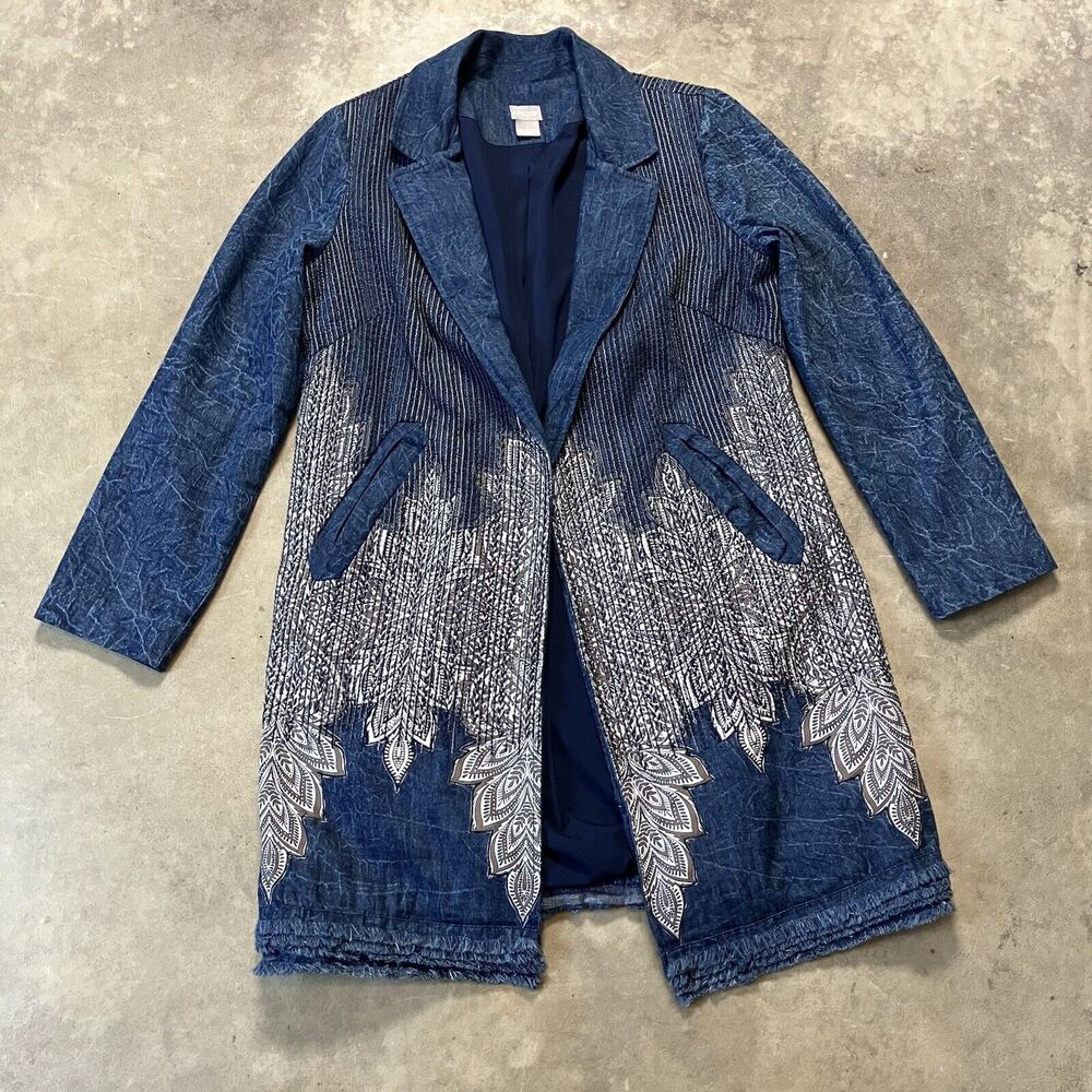 Chicos 1 8 10 Jacket Blue Stitch Detail Artisan Midi Open Pockets Relaxed Fit